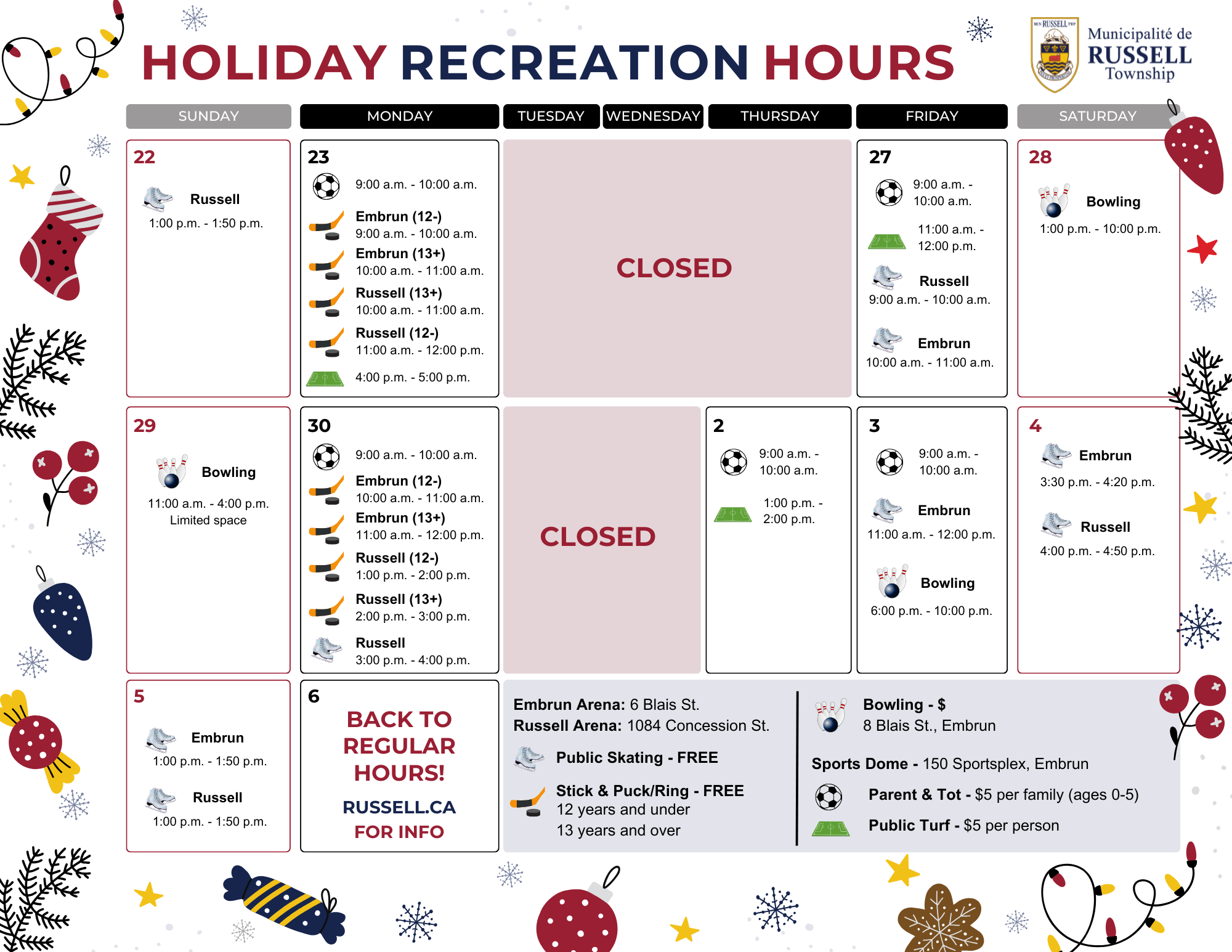 Holiday Recreation Hours