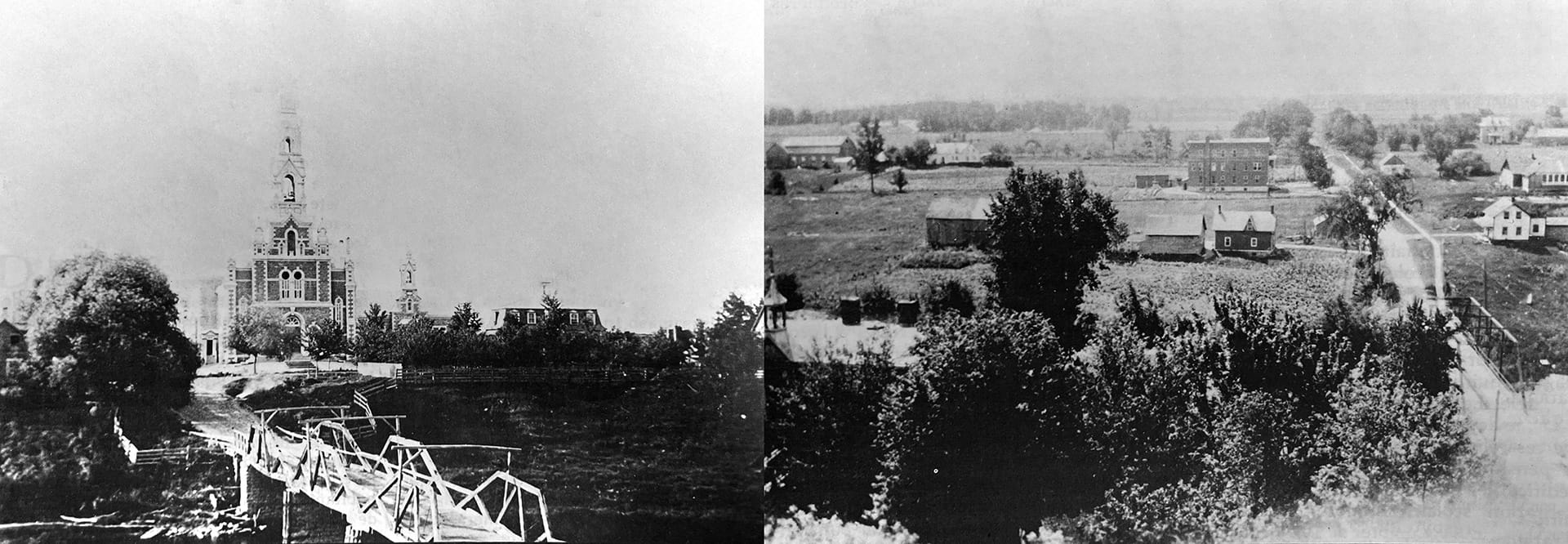 Vue de l’église de l’autre côté du pont et vue du pont du point de vue du clocher.