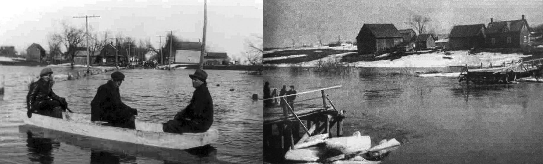 La crue des eaux, 1938 et le pont qui est emporté par les glaces de la crue des eaux, 1947
