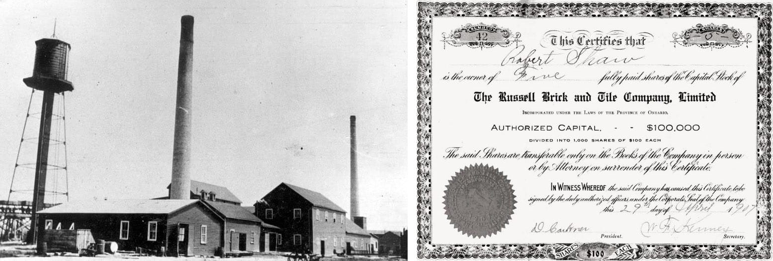 Certificat d’action et les premiers bâtiments de l’usine de briques