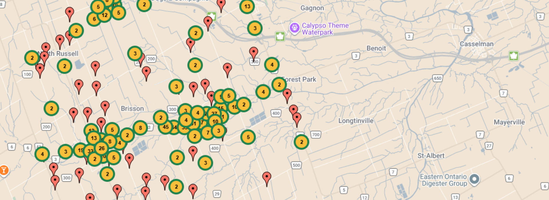Map with pins of businesses 