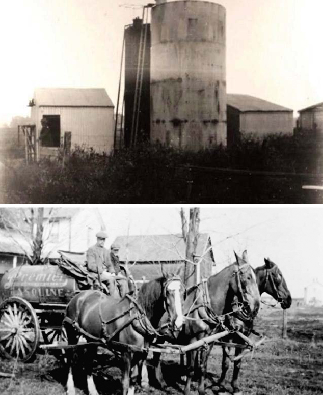 Réservoirs de stockage d’essence et d’huile Imperial Oil et une photo de chevaux attelés pour livrer les produits Imperial Oil 