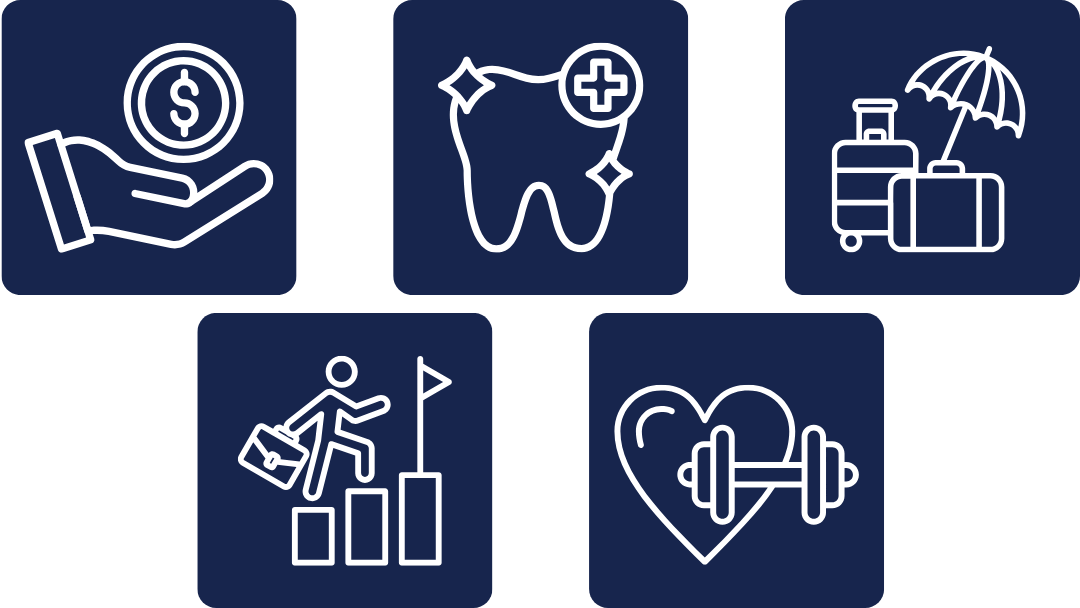 Des icons de dents, salaire, advancement de carrière et vacances payées