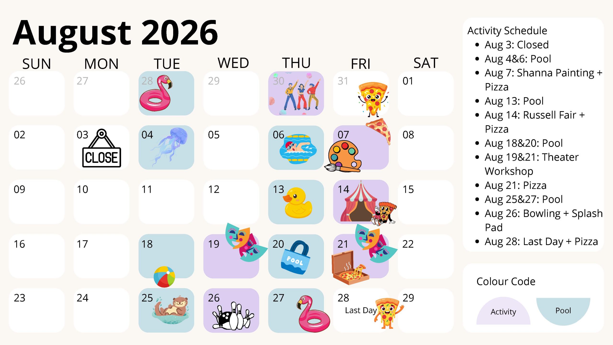 Calendar of August activities