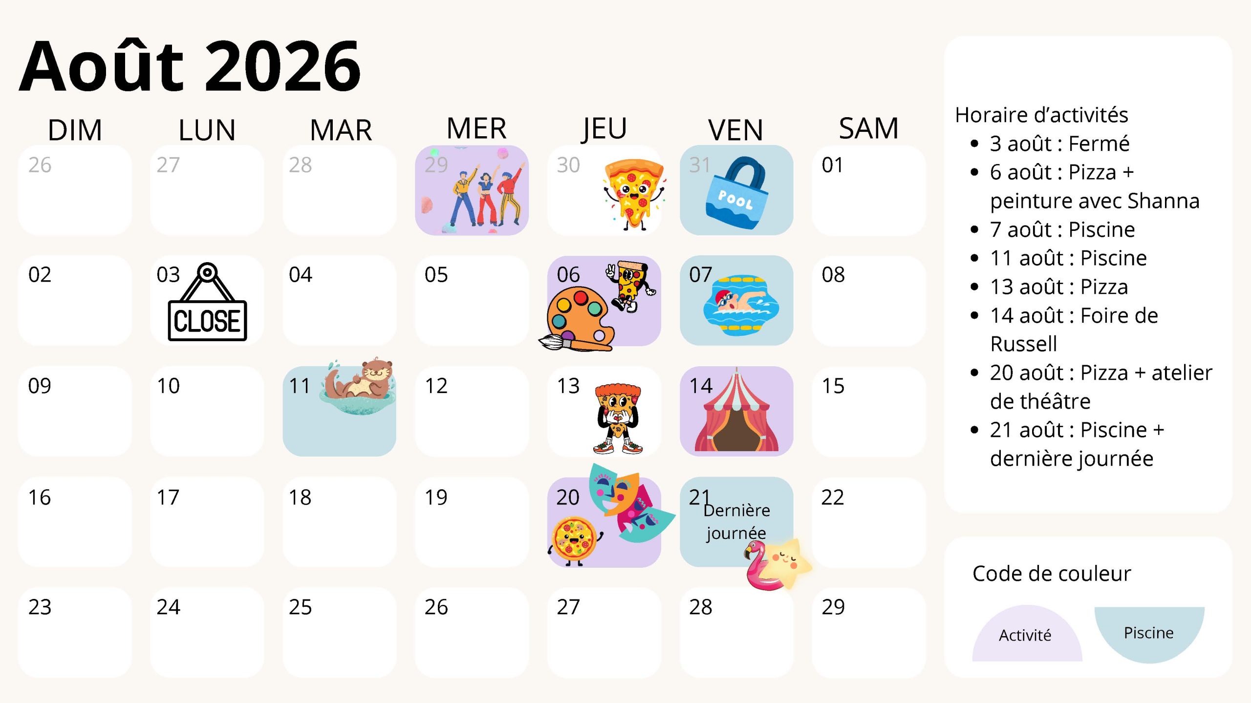 Calendrier des activités d’août