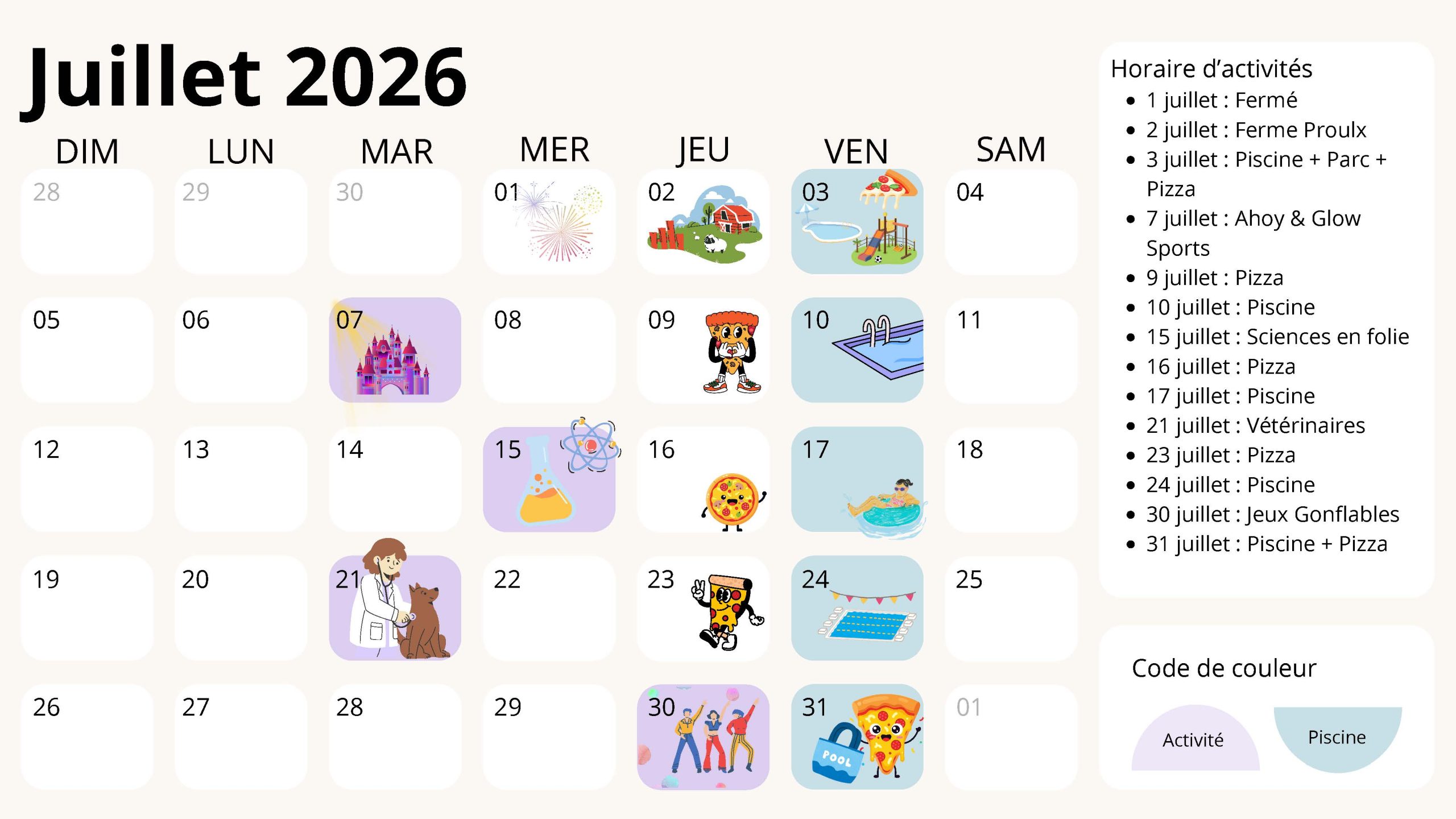 Calendrier des activités de juillet